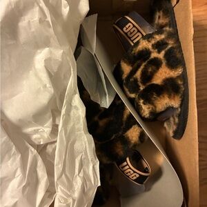UGG Tan and Black Fluffy Slides